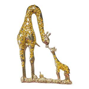 Gold Mother & Baby Giraffe Brooch Pin Orange Rhinestone Accents 2.5" Family Love